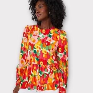 POMANDER PLACE Magnolia Peplum Blouse Womens XS Abstract Floral Long Sleeve